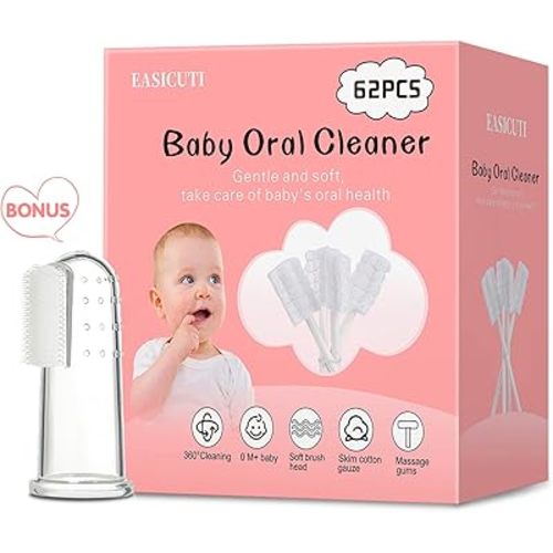 62PCS Baby Tongue Cleaner, Baby Oral Cleaner Newborn Baby Toothbrush,Disposable Infant Toothbrush Clean Baby Mouth,Gauze Gum Cleaner Stick Dental Care for 0-36 Month Baby+1 Finger Toothbrush with Case