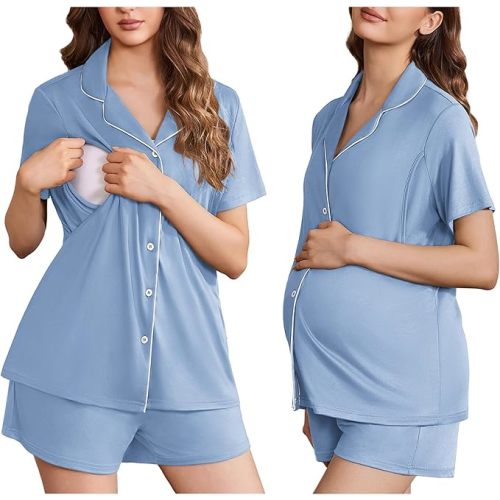 Ekouaer Women's Maternity Nursing Pajama Sets Button Down Postpartum Pajamas Short Sleeve Breastfeeding Clothes