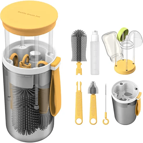 TechoEcho Travel Baby Bottle Brush Set with Extendable Liquid Silicone Bottle Brush，Nipple Brush，Built-in Bottle Drying Rack，Straw Cleaner Brush，Baby Bottle Soap Dispenser，Bottle Warmer (Yellow)