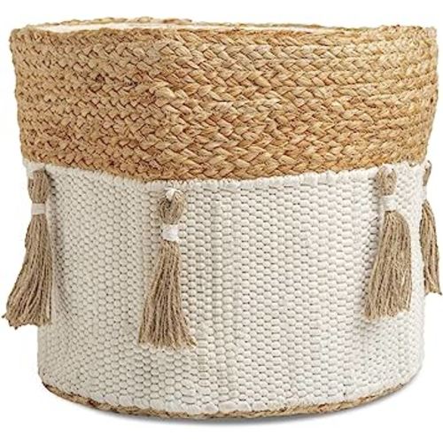 Crane Baby Fabric Storage Bin for Nursery, Toy Storage for Boys and Girls, Cream and Beige, 13" w x 12" h
