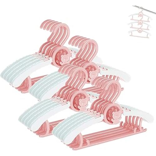 HGYZE Baby Hangers for Closet, Non-Slip 11"-14" Adjustable Infant Clothes Hanger for Nursery, 0-18yrs Plastic Kid Hanger Clothing Organizer, Children Pink Plastic Rack for Newborn Toddler Coat, 20pcs