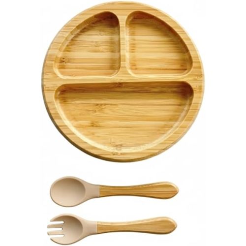 Bamboo Baby Plates with Suction, Toddler Plates for Self Feeding, Eco Friendly Baby Feeding Plate Set, Divided Plate for Baby Boy & Baby Girl, BPA Free, Easy Clean (Beige)