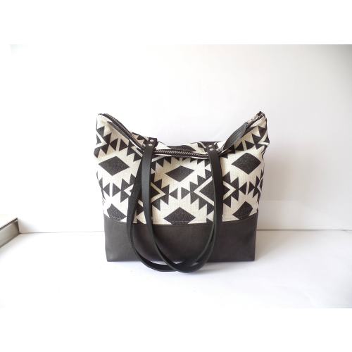 Aztec print tote bag, Tribal pattern bag, Geometry print tote bag, Vegan leather and woven cotton bag, Charcoal gray tote, Large casual bag