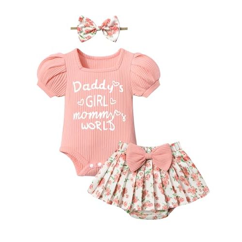 KANGKANG Baby Girl Clothes Short-sleeve Square Neck Romper + Floral Pleated Skirts Shorts Headband Spring Summer Outfits