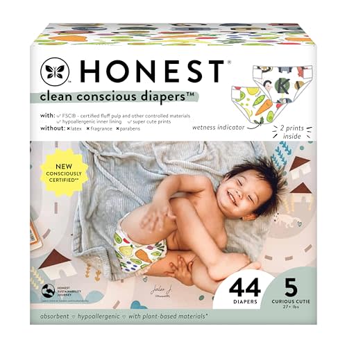 The Honest Company Clean Conscious Diapers for Sensitive Skin | Hypoallergenic, Fragrance Free | Gender Neutral Prints | Club Box, Size 5 (27+ lbs), 44 Count (Prints May Temporarily Vary)