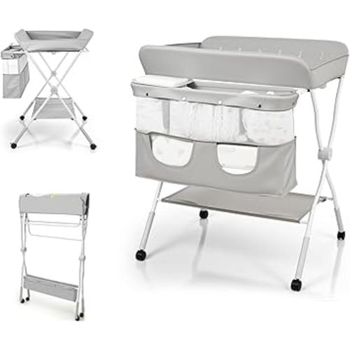 Lilian&Gema Portable Baby Changing Table with Wheels, 3-Level Adjustable Heights Folding Diaper Changing Station with Nursery Organizer&Large Storage Racks for Newborns&Infants
