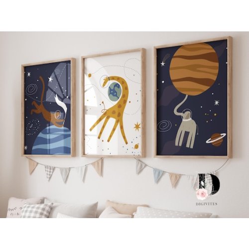 Set of 3 Space Themed Nursery Decor Prints Navy Blue Planets - Etsy