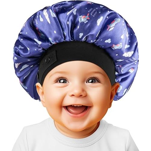 Baby Bonnet, Soft Silk Satin Bonnet for Girls Boys Infant, Double Layer & Wide Elastic Band Kids Sleeping Cap, Adjustable Blue Night Hat for Toddler Child Natural Hair Curly Hair