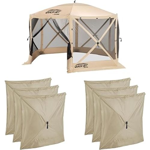 CLAM Quick-Set Escape 12 x 12 Foot Portable Pop Up Camping Outdoor Gazebo 6 Sided Canopy Shelter + 2 Pack of Wind and Sun Panels