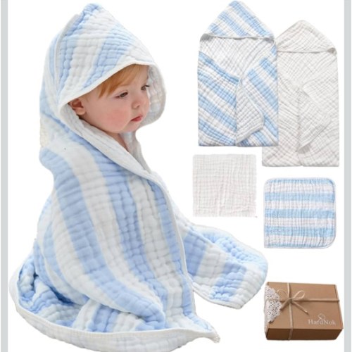 HardNok Muslin Hooded Baby Towel 4 Pack, 100% Organic Premium Cotton, (2) 6-Layer 32x32 Bath Towels & (2) Washcloths, Soft Newborn & Infant Gift Set (Blue Stripe & White)