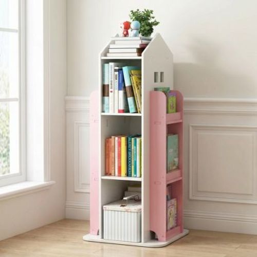 Kids 4-Tier Rotating Bookshelf, 360° Swivel Floor Bookcase & Toy Storage Organizer, Unpainted Nursery Furniture - Blush Pink