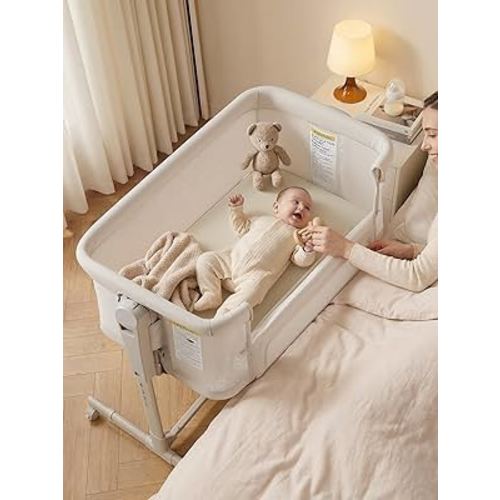 Baby Bassinet Bedside Sleeper 3-in-1, Easy Night Feeding with One-Side Fold & Rolling Wheels, Breathable Mesh, 6-Height Adjustable, Soft Mattress for Newborns