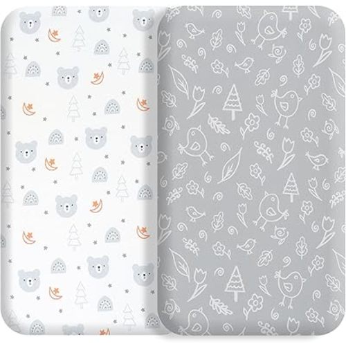 Bassinet Bed Sheet Set 2 Piece Fits Rectangle Oval Halo Hourglass Mattress Stretch Bassinet Bed Sheet Soft and Comfy (Deer Park) (Little Bear & Little Bird)