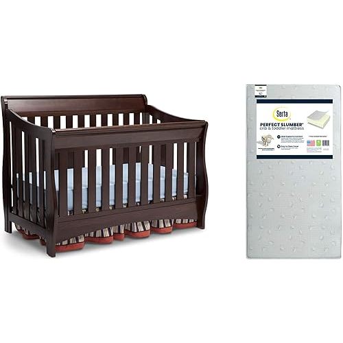 Delta Children Bentley S Series 4-in-1 Crib, Chocolate + Serta Perfect Slumber Dual Sided Recycled Fiber Core Crib and Toddler Mattress (Bundle)