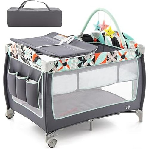 BABY JOY 4 in 1 Pack and Play, Portable Baby Playard with Bassinet, Side Zipper Door, Changing Table, Indoor Outdoor Travel Nursery Center w/Toy Bar, Lockable Wheels, Carry Bag
