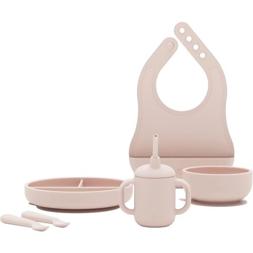 Lalo First Bites Silicone Baby Feeding Set - Baby Led Weaning Supplies - Non-Toxic Silicone - Includes 1 Bib, 2 Spoons, Training Cup, Suction Plate and Bowl - 6 Pieces - Grapefruit