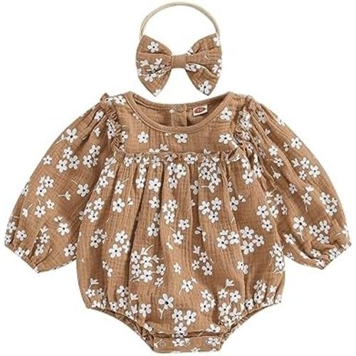 Infant Baby Girl Long Sleeve Rompers Lace Trim Ruffle Bodysuit with Headband Newborn Bubble Romper