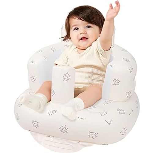 Inflatable Baby Seat for Babies 3 Months and Up, Toddler Floor Seats for Sitting Up, Built in Air Pump Baby Seats for Kids, Blow Up Baby Chair with Back Support - Rabbit