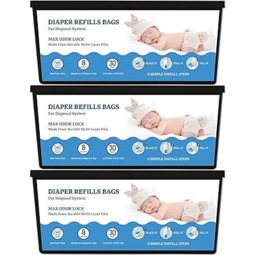 Diaper Refill Bags Compatible with Genie Easy Roll & Platinum Diaper Pails, 7-Layer Odor Control, Extra Thick, Holds up to 4200 Newborn Diapers,90 Bags
