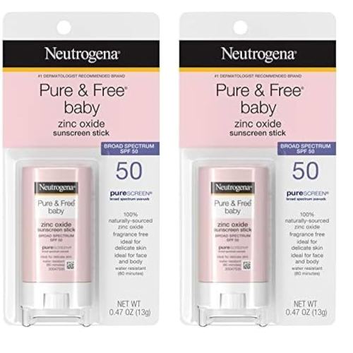 Neutrogena Pure & Free Baby Mineral Sunscreen Stick with Broad Spectrum SPF 50 & Zinc Oxide, Water-Resistant, Hypoallergenic, Paraben-, Dye- & PABA-Free Baby Face & Body Sunscreen, 0.47 oz (Pack of 2)