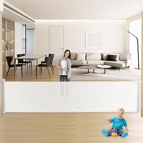 Rengue 140 Inch Retractable Baby Gates, Extra Wide Baby Gates for Large Openings, Mesh Dog Gate Retractable, Safety Gates for Kids or Pets, Extra Long Baby Gates for Stairs Doorway (White, 140 ")