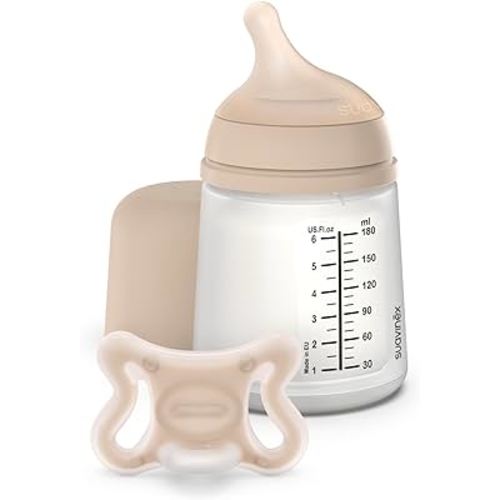 Suavinex Zero Zero Newborn Starter Set Small Anti Colic Baby Bottle + Pacifier, No 1 Spanish Baby Bottle Brand, Minimizes Bottle Rejection & Nipple Confusion, Adaptable Flow - Light