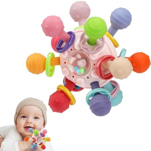 Baby Teething Toys, Baby Teethers Montessori Sensory Toys for 0-6 6-12 Months, Gifts for 1 Year Old Boys Girls Infant Newborn 0 3 6 9 12 18 Months Toys- Pink