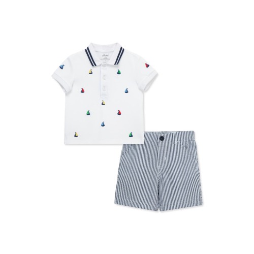 Little Me Sailboat Embroidered Cotton Polo & Seersucker Stripe Shorts Set - Blue, 12m