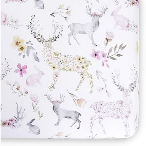 Oilo Crib Sheet, Breathable, Fitted, Turkish Cotton Jersey, 300 Thread Count, Machine Washable, Fits Standard Crib (28" x 52" x 6"), Toddler Bedding, Girl, Boy, & Neutral Nursery Design, Woodland Fawn