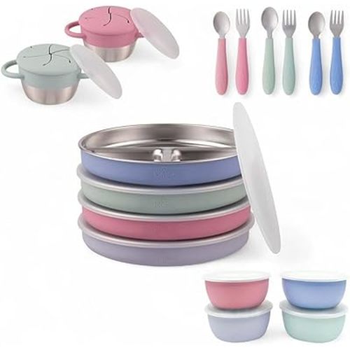 Elk and Friends Kids Stainless Steel Mealtime Bundle | 16 Pcs Dinnerware Set | Plates, Bowls, Snack Cups & Toddler Utensils | Travel Storage Lids | Dishwasher Safe