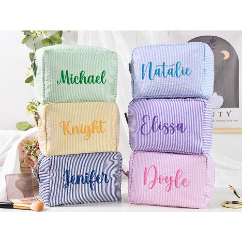 Monogrammed Seersucker Bag, Women's Embroidered Toiletry bag, Everything Bag, Personalized Travel Bag, Birthday Gift, Christmas Gift Bags
