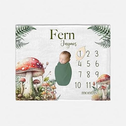 Customed Mushroom and Fern Milestone Blanket, Woodland Monthly Age Tracker for Boys, Personalized Blanket, Perfect Newborn, Nature Theme Birthday Gift