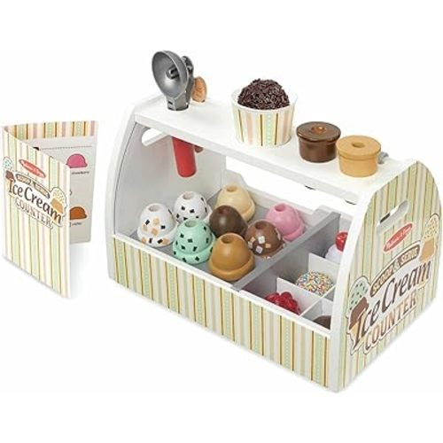 Melissa & Doug Wooden Scoop and Serve Ice Cream Counter (28 pcs) - Play Food and Accessories - Pretend Food Toys, Ice Cream Shop Toys For Kids Ages 3+