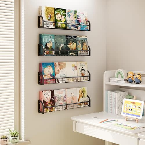 Wall Mounted Bookshelf Set of 4, Hanging & Floating Book Shelves for Kid Nursery & Bedroom, Metal Organizer & Decor - Black