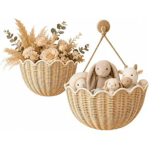 Scalloped Wall Basket 2 Pcs Hand Woven Wicker Hanging Basket Rattan Wall Decor for Nursery, Bathroom, Living Room
