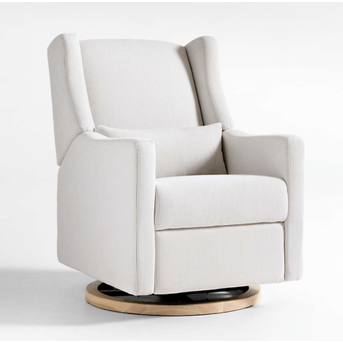 Babyletto Kiwi Nursery Glider Recliner Chair w/ Electronic Control and USB Performance Fog Grey and Natural Stripe with Natural Wood Base