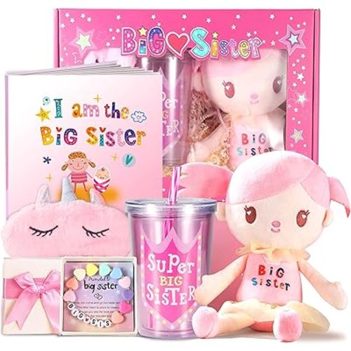Big Sister Gifts for Girls, New Sibling Gifts for Little Girls, Includes Big Sister Book, Barbie Doll, Bracelet, Drinking Cup, Eye Mask, Straw