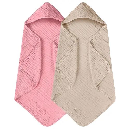 Yoofoss Hooded Baby Towels for Newborn 2 Pack 100% Muslin Organic Cotton Baby Bath Towel with Hood for Babies, Infant, Toddler and Kids, Large 32x32Inch, Soft and Absorbent Newborn Essential