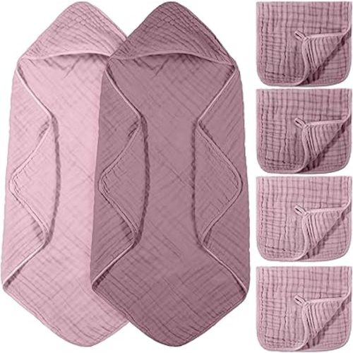 VitalCozy 6 Pcs Baby Muslin Hooded Bath Towels and Washcloths, Muslin Hooded Baby Towels Absorbent Blankets for Gift Newborn Infant Shower (Mauve,Peach Pink)