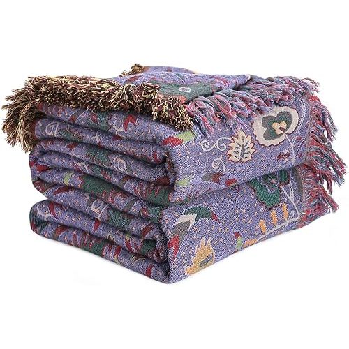 Boho Throw Blanket for Bed 100% Cotton Ultra Soft Rustic Quilt Farmhouse Decor Bed Fall Blanket,All Season Rustic Throw for Sofa Couch Chair (Flower-Purple, 60"×80")