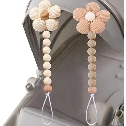 2pcs Flower Pacifier Clip, Silicone Bead Pacifier Clip for Baby Girls and Boys with Beige Brown Color Daisy Birthday Christmas Gift