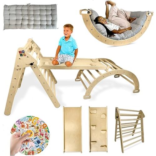 Extra Large Pikler Triangle Set for Toddlers. Twice as Big as The Regular Size – Multi-Use 8 in 1 Climbing Set with Cushion for Arch – Includes Free Educational Stickers for Fun Decoration.