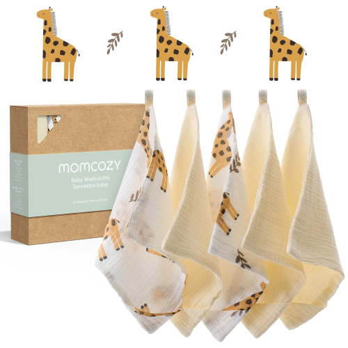 Momcozy Soft & Absorbent Baby Washcloths - 4 Layer Design| Medium Thickness| Premium Cotton for Newborns' Skin-Great for Bathing, Wiping & on-The-go Use, Shower Gift and Essential(5 Pack, 10x11 inch)