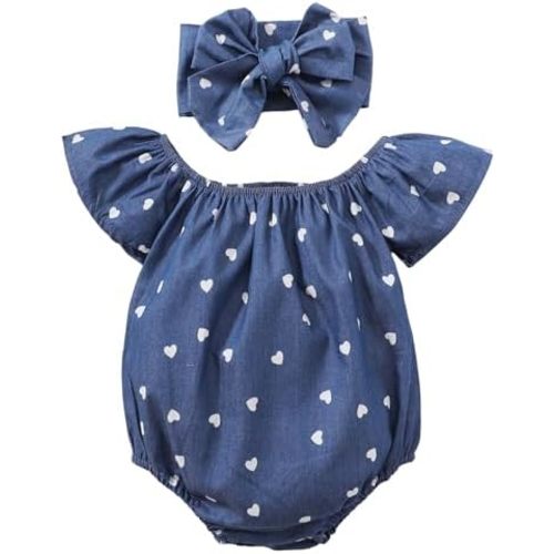 FirstTrail Baby Girl Summer Clothes Outfits Flutter Sleeve Denim Heart Romper One Piece Jumpsuit Bodysuit (Blue, 0-3 Months)