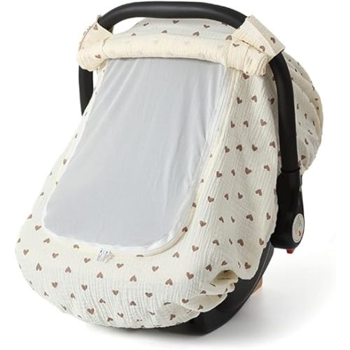 Muslin Cotton Baby Car Seat Cover for Boys and Girls, Summer Baby Car Seat Covers Infant Car Seat Canopy with Breathable Mesh Window Windproof Carseat Cover for Babies (Cream)