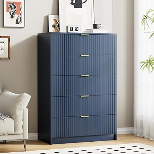 Blue Dresser for Bedroom, Modern Dresser with 5 Drawers and Smooth Slides, Wide Chest of Drawers with Golden Handles for Bedroom, Living Room, Closet, 15.7" D x 31.5" W x 47.2" H