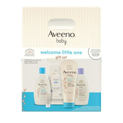 Aveeno Baby Welcome Little One Gift Set, Baby Essentials Set with Daily Moisture Wash and Shampoo, Calming Comfort Bath, Sensitive All Over Wipes, Body Lotion, & Healthy Start Balm, 5 Items