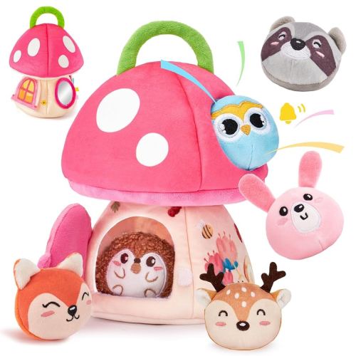 hahaland Baby Toys 6-12 Months - Montessori Toys for 6 Month Old Girl, My First Mushroom House with Stuffed Jungle Animals, Rattle, Crinkle Paper, Mirror, Sensory Toddler Toy for 1 Year Old Girl Gifts