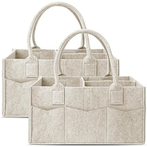Cute Castle 2 Pack Diaper Caddy Organizer - Portable Baby Caddy Organizer with Handle, Nursery Storage Bin and Car Organizer for Girls, Boys - Baby Gift Basket - Oatmeal