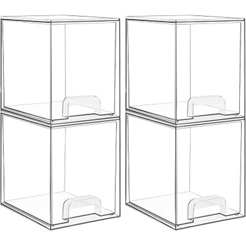 Vtopmart 4 Pack Clear Stackable Storage Drawers,7.6" H Plastic Organizers Bins for Skincare, Bathroom Supplies,Ideal for Cabinet,Undersink,Vanity,Kitchen,Pantry Organization